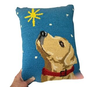 All Is Calm & Bright Lab Star Hooked Wool Throw Pillow Blue 14x18 Dog Decor